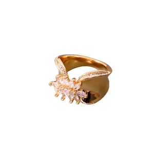 18K gold plated wide flower ring with marquise crystal petals on white background