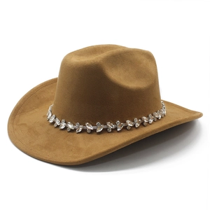 Classic camel faux suede western cowboy hat featuring sparkling olive leaf rhinestone trim