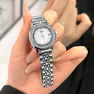 Elegant women's quartz watch with diamond bezel and silver stainless steel strap