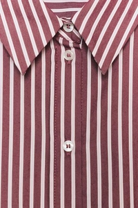 Close-up of dark red and white striped poplin shirt showing the collar and button placket
