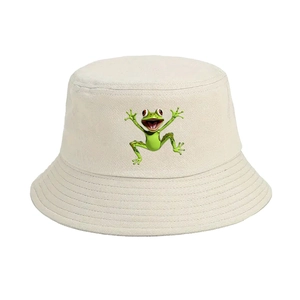 Beigefarbener Anglerhut aus Baumwolle mit süßem Frosch-Print für den Sonnenschutz