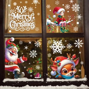 Christmas Window Stickers Static Cling PVC Decals Santa Reindeer Snowman Snowflakes Holiday Glass Decor Removable Cartoon