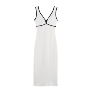 Robe midi sans manches blanche à col en V avec des bordures noires contrastées à plat