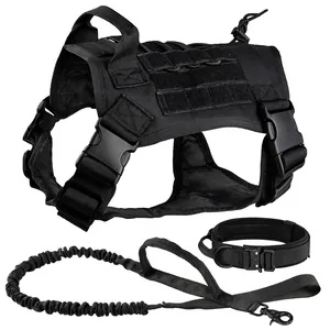 Set pettorina tattica nera per cani con collare e guinzaglio in tessuto di nylon