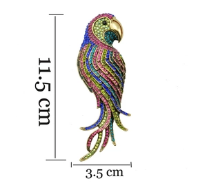 Detail view of the colorful parrot brooch showing dimensions 11.5 cm by 3.5 cm in size