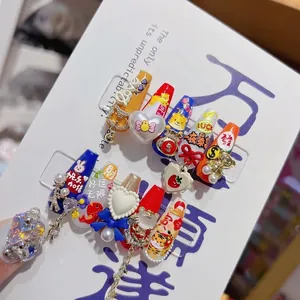 Japanese style 5D embossed handmade press-on nails with 3D lucky cat and heart charms