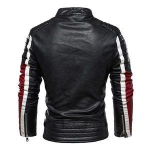 Men's faux leather biker jacket with racing stripes on sleeves and quilted shoulder details