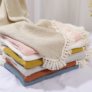 Soft premium cotton muslin baby swaddle blankets with tassels in various colors