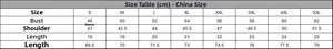 Detailed size chart for men's cotton V-neck T-shirt showing bust and length in cm