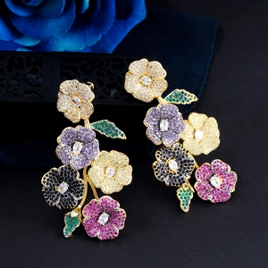 Colorful Zircon Floral Drop Earrings With 925 Sterling Silver Earring Post Vintage Gold Plated Flower Jewelry For Women