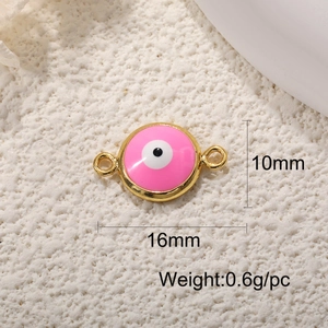 Pink evil eye pendant connector with gold frame showing dimensions 16mm by 10mm