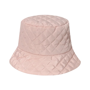 Quilted checkerboard bucket hat for women in light pink featuring diamond stitching