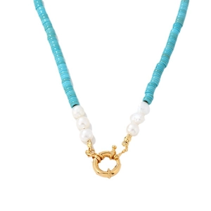 Hip hop turquoise beaded necklace with irregular pearls and golden spring clasp