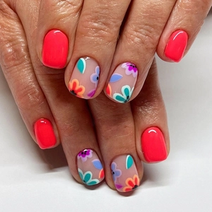 Floral Press On Nails Resin Short Square Round Shape Orange Red Sweet INS Style For Women Fashion Manicure With Glue