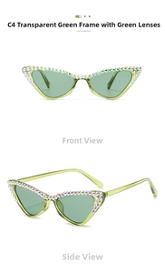 Detail of green cat-eye sunglasses with rhinestone frames showing front and side views