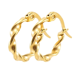 Golden twisted hoop earrings in 18K gold-plated stainless steel on a white background