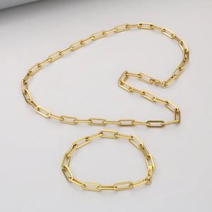 Polished gold vacuum-plated stainless steel paperclip chain necklace and bracelet set