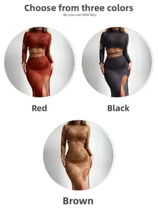 Detail view of mesh two-piece cover-up set with marble print in red, black, and brown