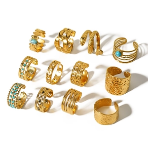 Set of 11 vintage 18k gold plated titanium steel rings with turquoise accents