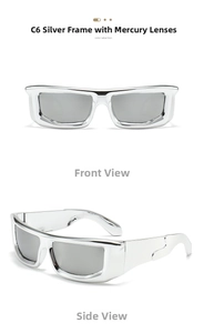 Detail of Y2K punk wrap sunglasses with silver C6 frame and mercury reflective lenses