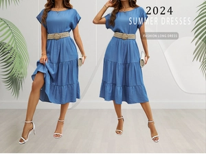 Detail of blue tiered summer dress with ruffled sleeves and woven belt detail