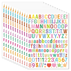 Close-up of 12-sheet colorful alphabet and number sticker set for DIY decoration