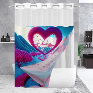 Detail of silver metal hooks and romantic heart tree print on double-layer shower curtain