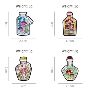 Cartoon enamel pins set featuring mushroom potion bottles in 4 unique magical designs