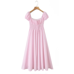 Detail of pink striped dress with square neck, puff sleeves and elastic smocked waist