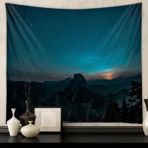 Starry Night Mountain Tapestry Polyester Galaxy Landscape Wall Hanging Aesthetic Bohemian Room Decor Background Cloth