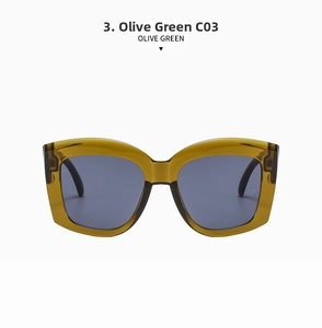 Detailed front view of square olive green sunglasses with thick temples and dark lenses