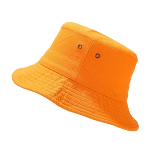 Detail view of orange cotton bucket hat showing metal ventilation eyelets and stitched brim