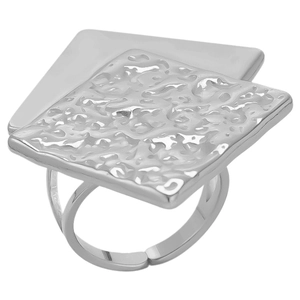 Macro detail of silver adjustable ring featuring dual square layers and hammered texture