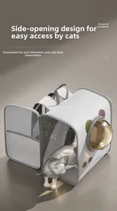 Detail view of portable pet carrier featuring a transparent bubble window and side door