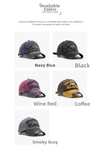 Detail of vintage washed cotton baseball caps with 3D embroidery in five varied colors