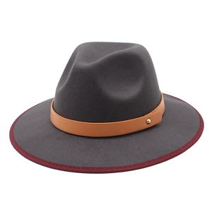 Dark gray wool fedora with brown leather band and red contrast stitching on the brim