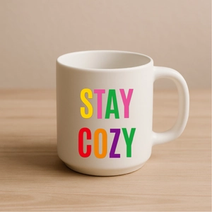 Close-up of white ceramic mug with colorful Stay Cozy artistic lettering and round handle