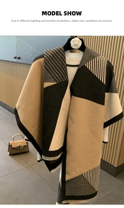 Close-up of thick geometric color-block knit scarf with khaki, black and grey stripes