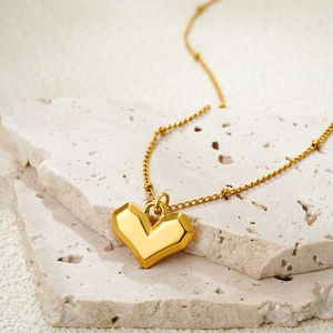 18K Gold Plated Stainless Steel Geometric 3D Heart Pendant Necklace Minimalist Bead Chain Clavicle Choker For Women Men Jewelry