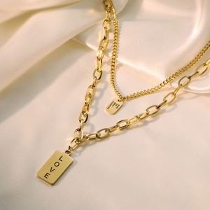 Double-layer gold stainless steel necklace with LOVE and custom text square pendants