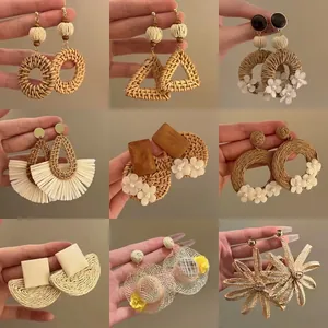 Boucles D'oreilles Pendantes En Rotin Tissé Avec Perles En Bois Fleur En Tissu Vintage Ethnique Bijoux De Plage Femmes