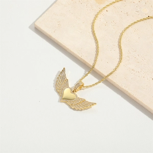 Elegant gold heart pendant necklace with shimmering crystal angel wings on a chain