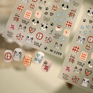 Cute puppy and coffee pattern embossed nail art stickers with plaid and floral designs
