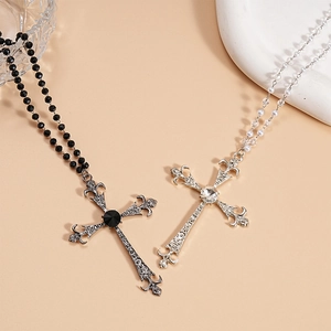 Gothic Cross Pendant Necklace Retro Alloy Imitation Artificial Pearl Glass Beaded Baroque Style Jewelry For Women