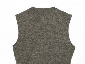 Detailed macro view of the knitted fabric texture and collar on this grey sleeveless dress