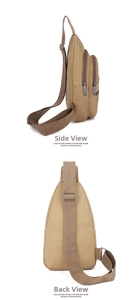 Detailed side and back views of khaki canvas chest bag with adjustable strap