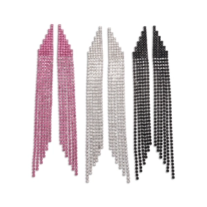 Set of three long tassel rhinestone earrings in pink, silver, and black on white background
