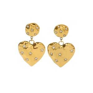 Vintage 18k gold plated heart drop earrings with hammered texture and zircon star inlay