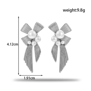 French vintage stainless steel bow earrings with pearls, weight 9.8g and size 4.12x1.91cm
