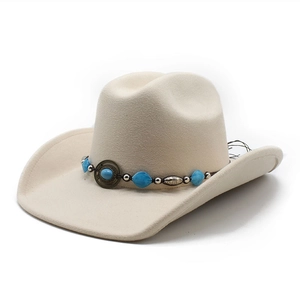Western Cowboy Hat Wide Brim Woolen Felt Turquoise Bead Band Ethnic Boho Style Outdoor Fedora For Men Women